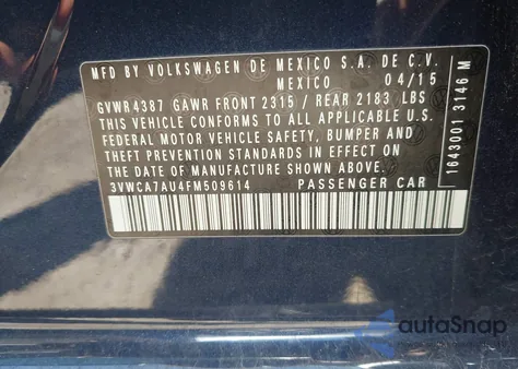 2015 Volkswagen Golf Sportwagen Tdi S 4-Door из США, поврежденный, VIN 3VWCA7AU4FM509614